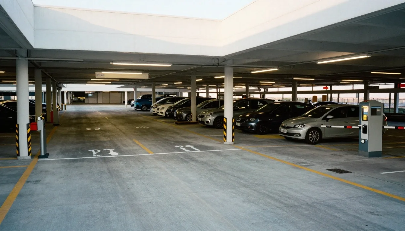 Covered parking floor with marked bays and boom gate