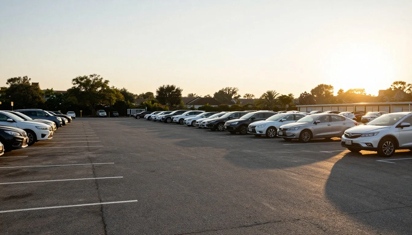 Long term surface lot with rows of parked cars at golden hour