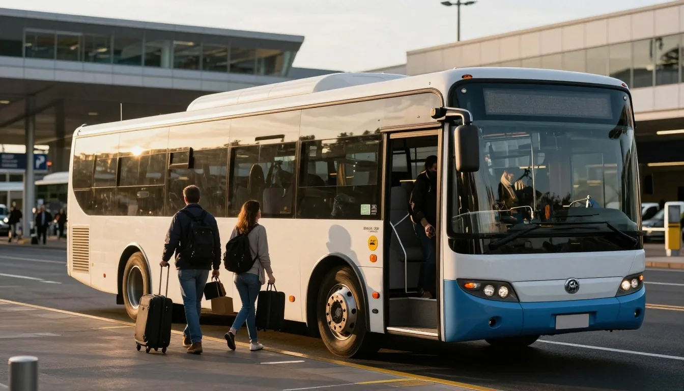 Shuttle bus bay at the airport forecourt with travellers boarding