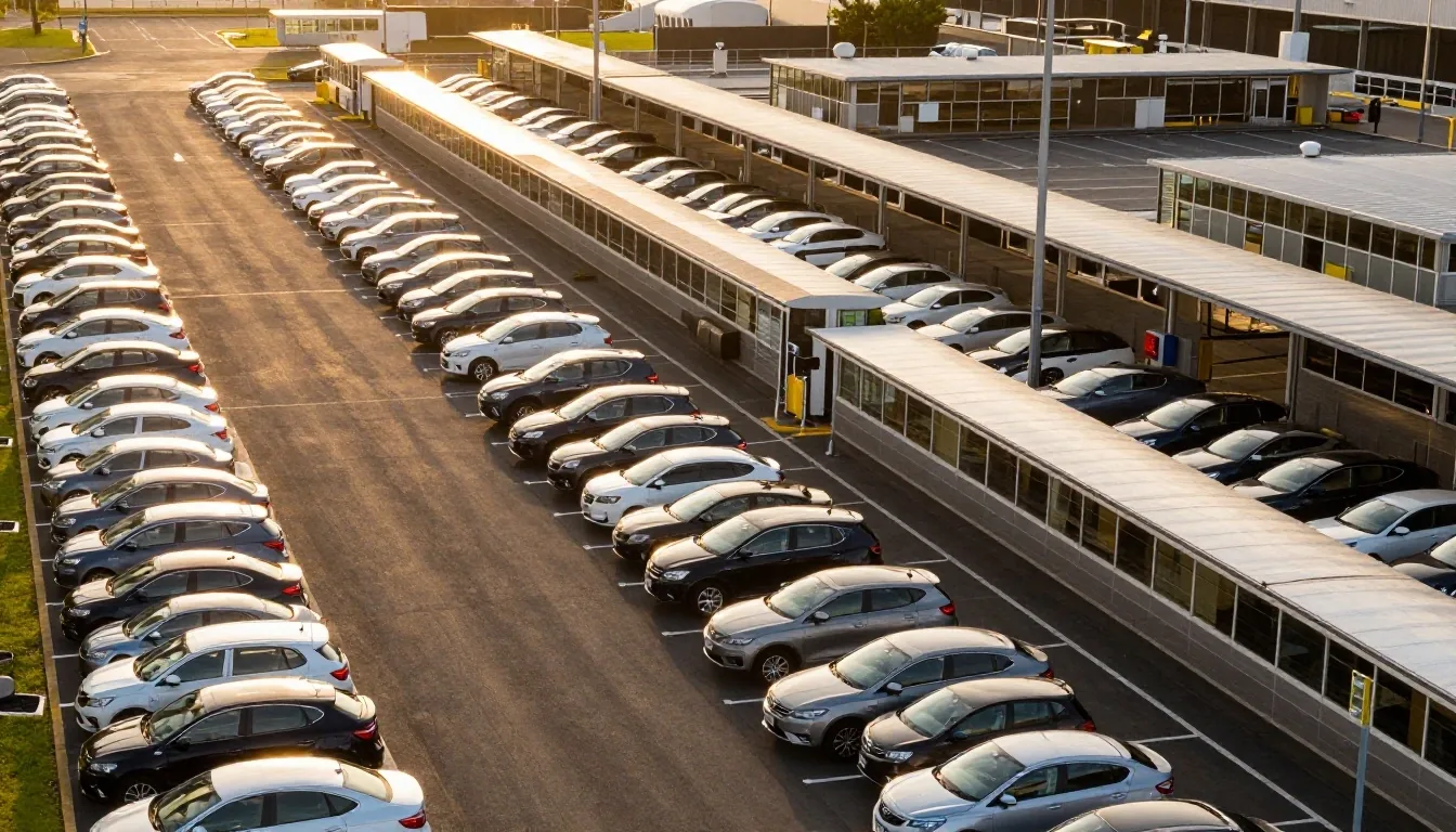 Long-term surface car park rows at golden hour
