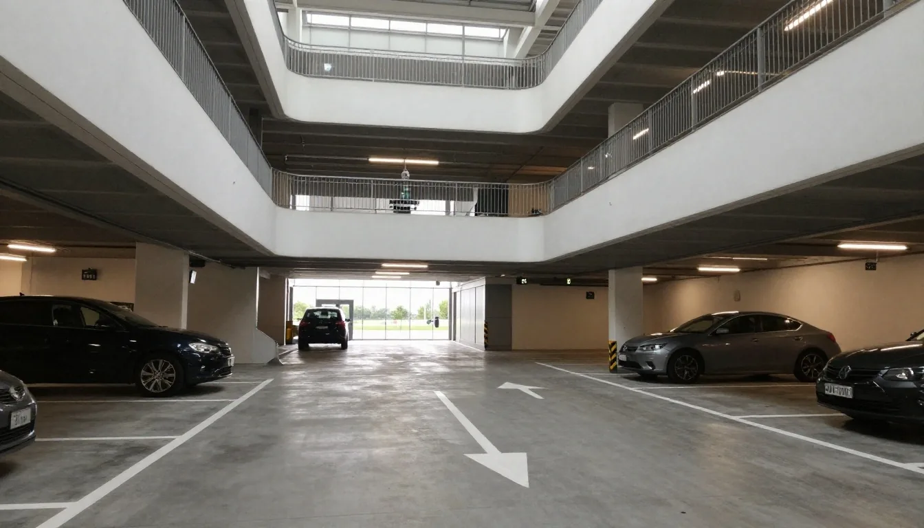 Covered parking floor at Melbourne Airport in morning light