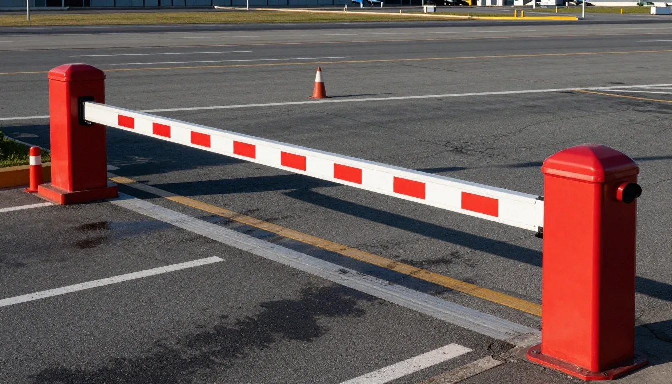 Entry lane and boom gate at an airport parking lot