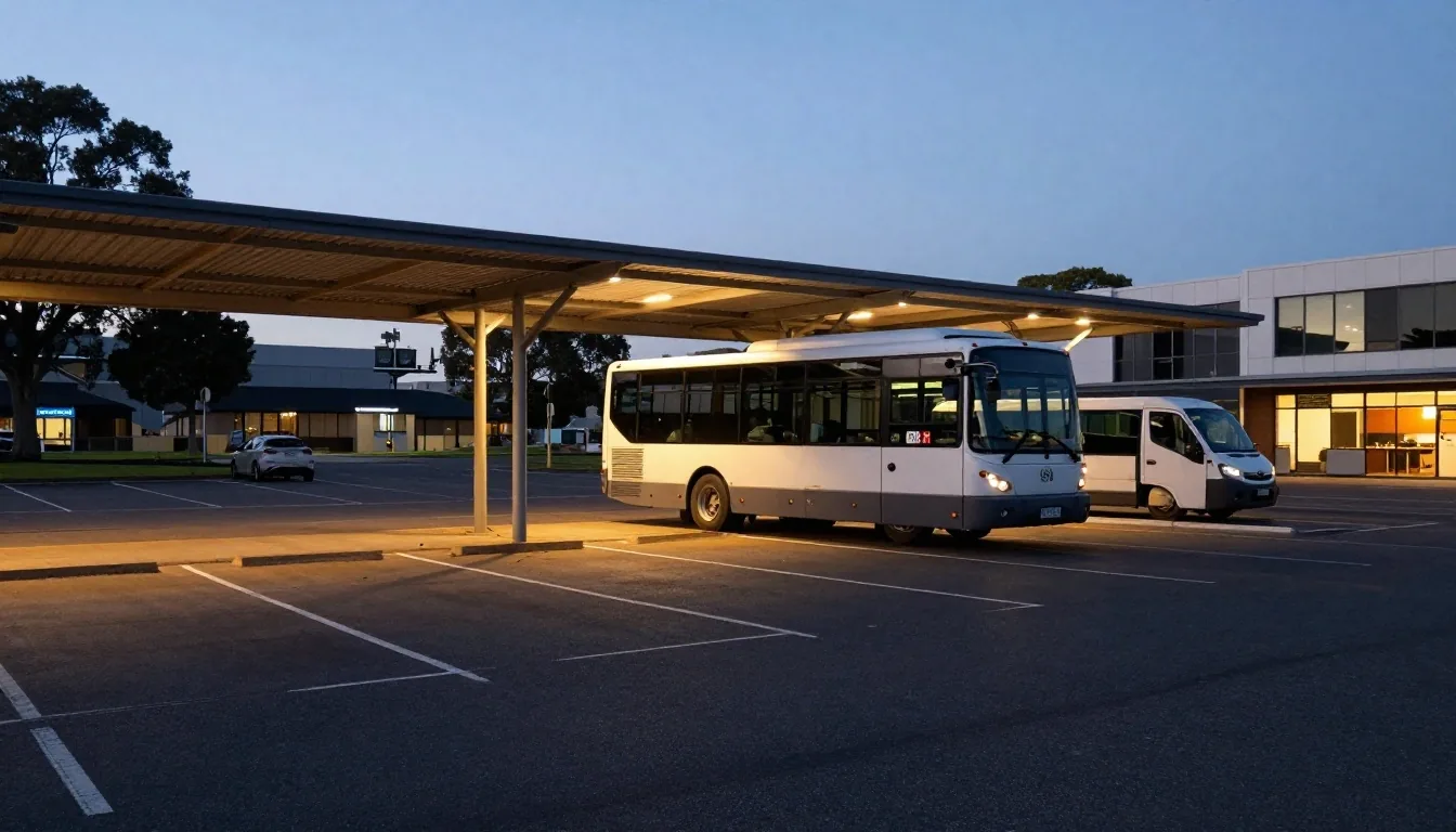 Long-term parking rows and shuttle shelter at golden hour