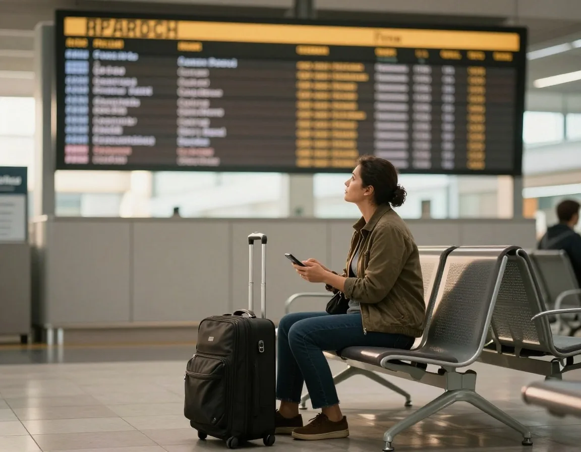 Traveller checking a parking booking on a phone inside the terminal
