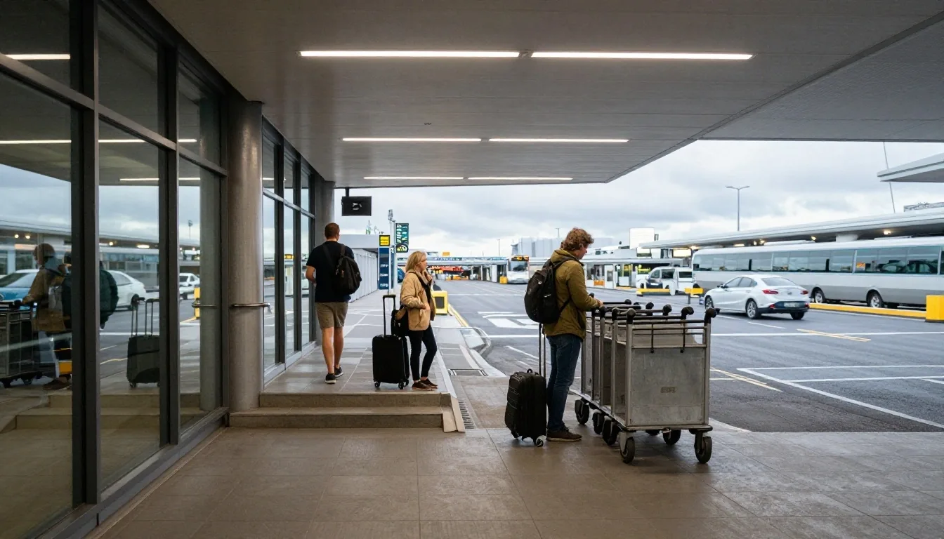 Terminal walkway toward security with kerb beyond the glass