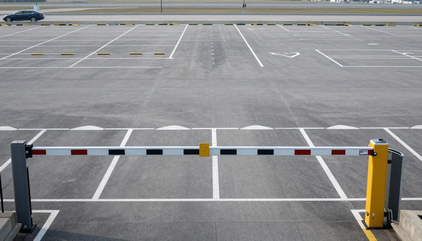 Covered parking floor with marked bays and boom gate