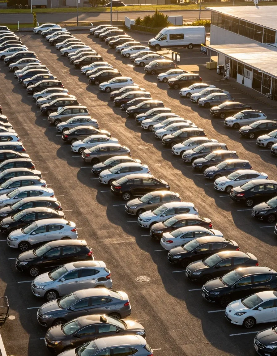 Long-term surface car park rows at golden hour with shuttle bay