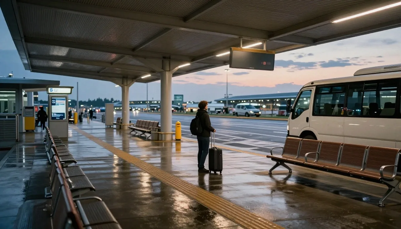 Shuttle at covered pickup bay at dusk with traveller and luggage