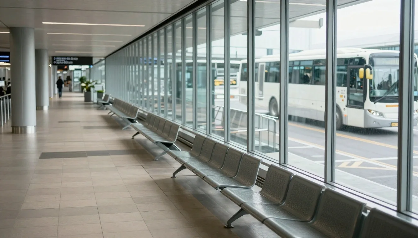 Walkway inside Terminal 2 toward security with shuttle kerb through glass