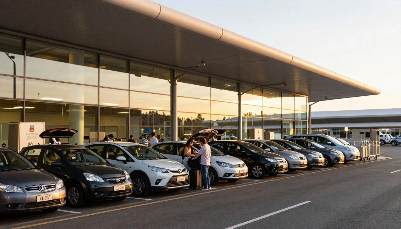Arrivals pickup kerb with waiting cars
