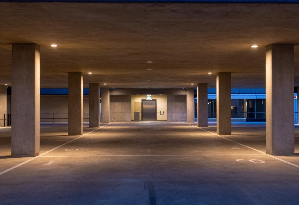 Covered parking level at dusk