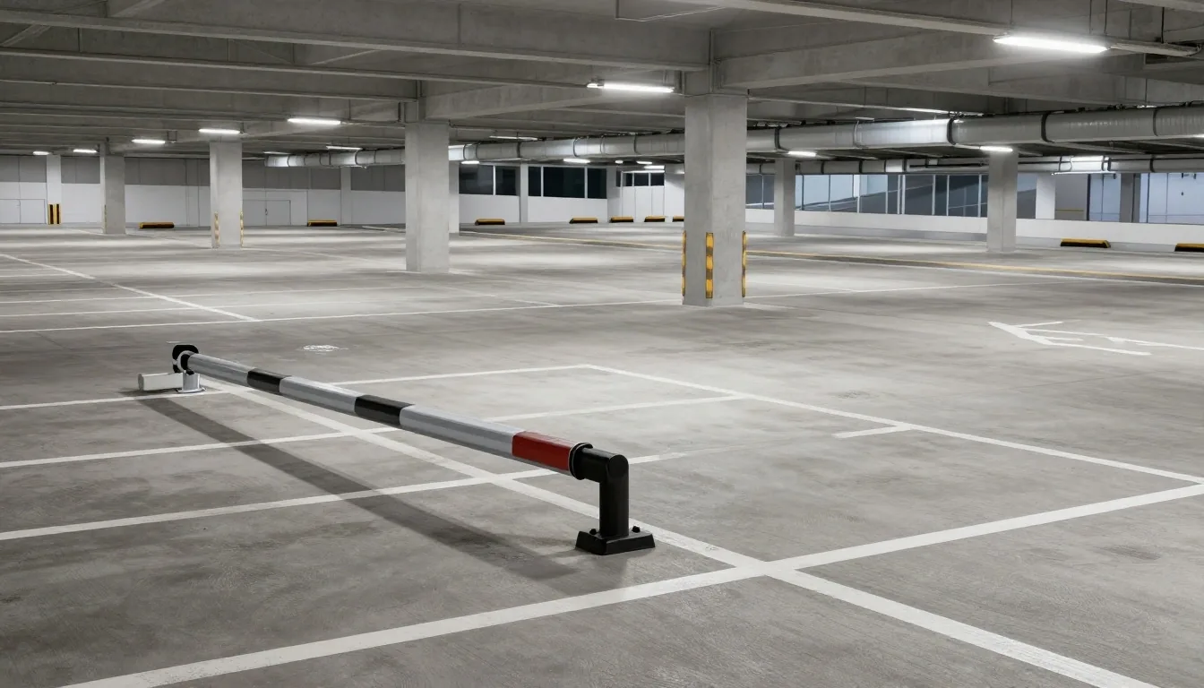 Covered airport parking floor with marked bays and boom gate