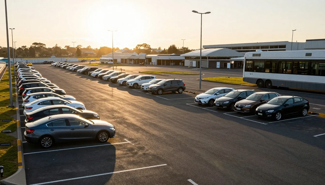 Long-term surface parking rows with shuttle bay at golden hour
