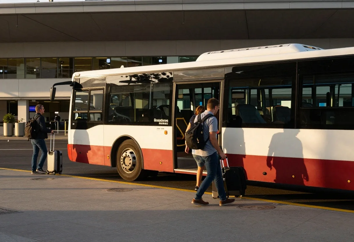 Shuttle bay with bus and travellers boarding with luggage