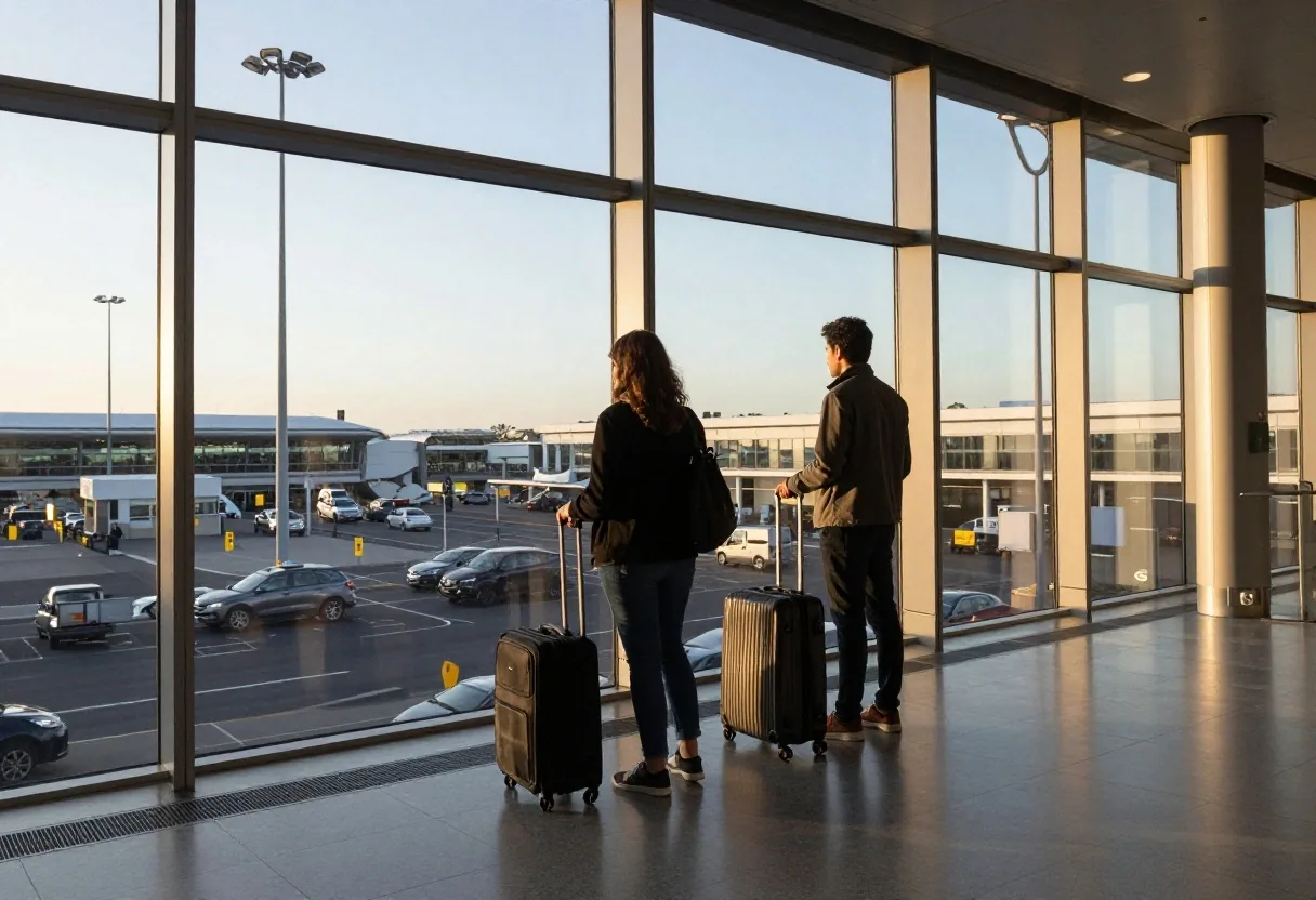 Terminal walkway toward departure signs with kerb beyond glass